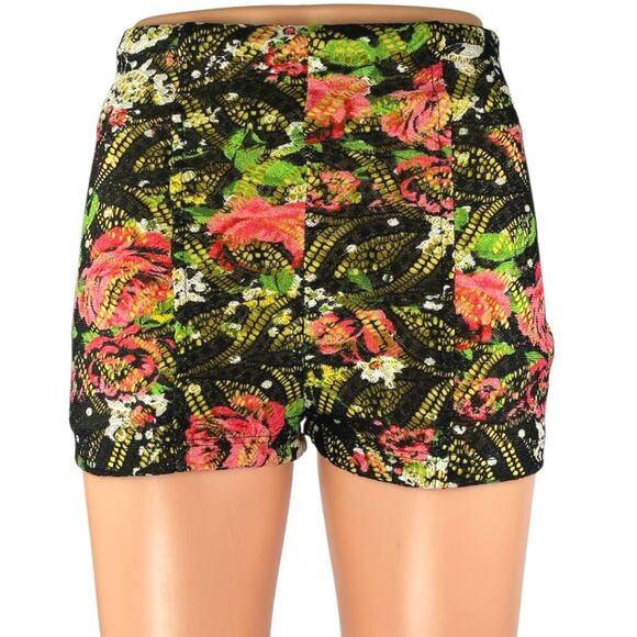 Mystic Women Multicolor Floral Knit Crochet Zip High Waisted Mini Shorts Size S - Picture 1 of 5